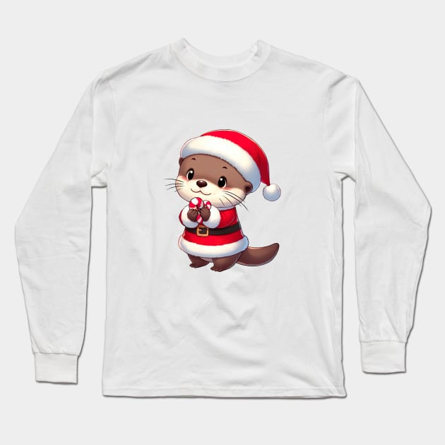 Cute Christmas Otter Santa Long Sleeve T-Shirt by Takeda_Art